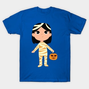 Halloween Kid dressed as mummy holding Pumpkin T-Shirt